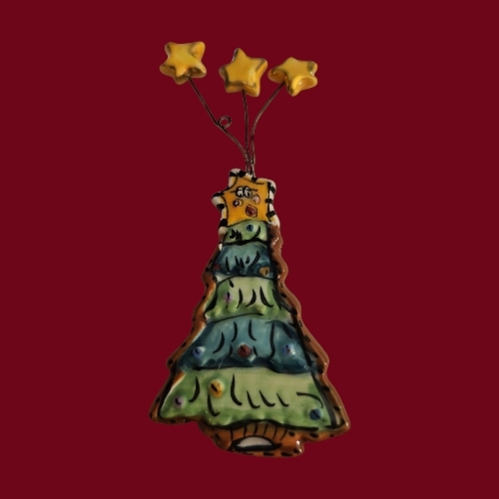 HEATHER GOLDMINC Artisan Handpainted Ceramic Christmas Tree Pin Brooch